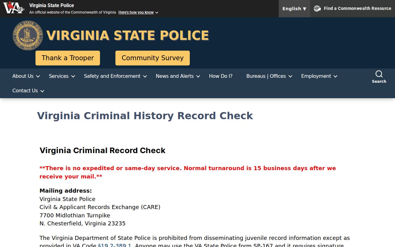 Virginia State Police process for Madison County criminal history checks